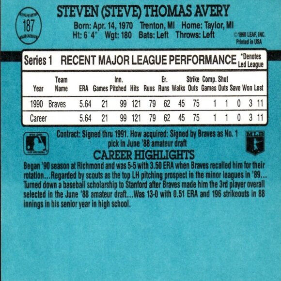 Steve Avery (Atlanta Braves) Vintage Donruss '91 Series MLB Card - Number 187 - Picture 2 of 2